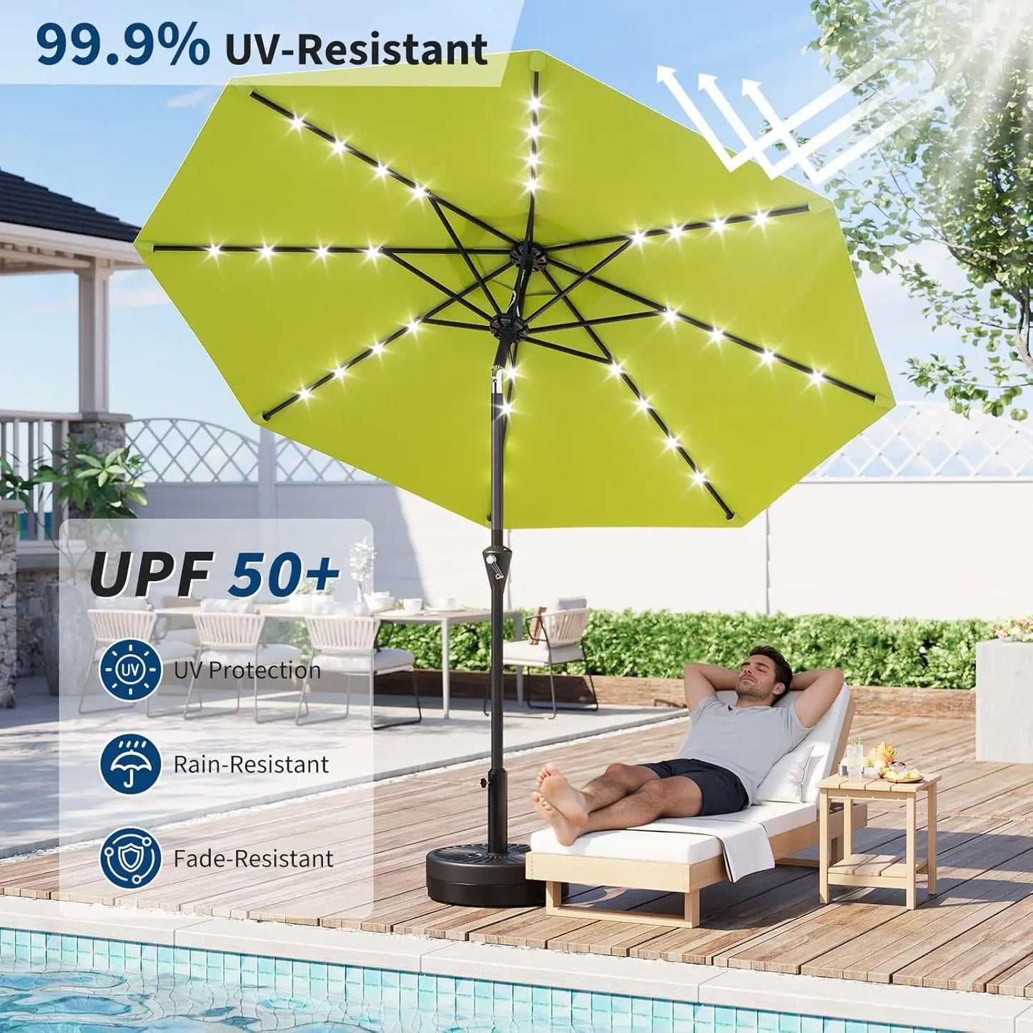 HiMISS Solar Patio Umbrella With 32 LED Lights And Crank Lift