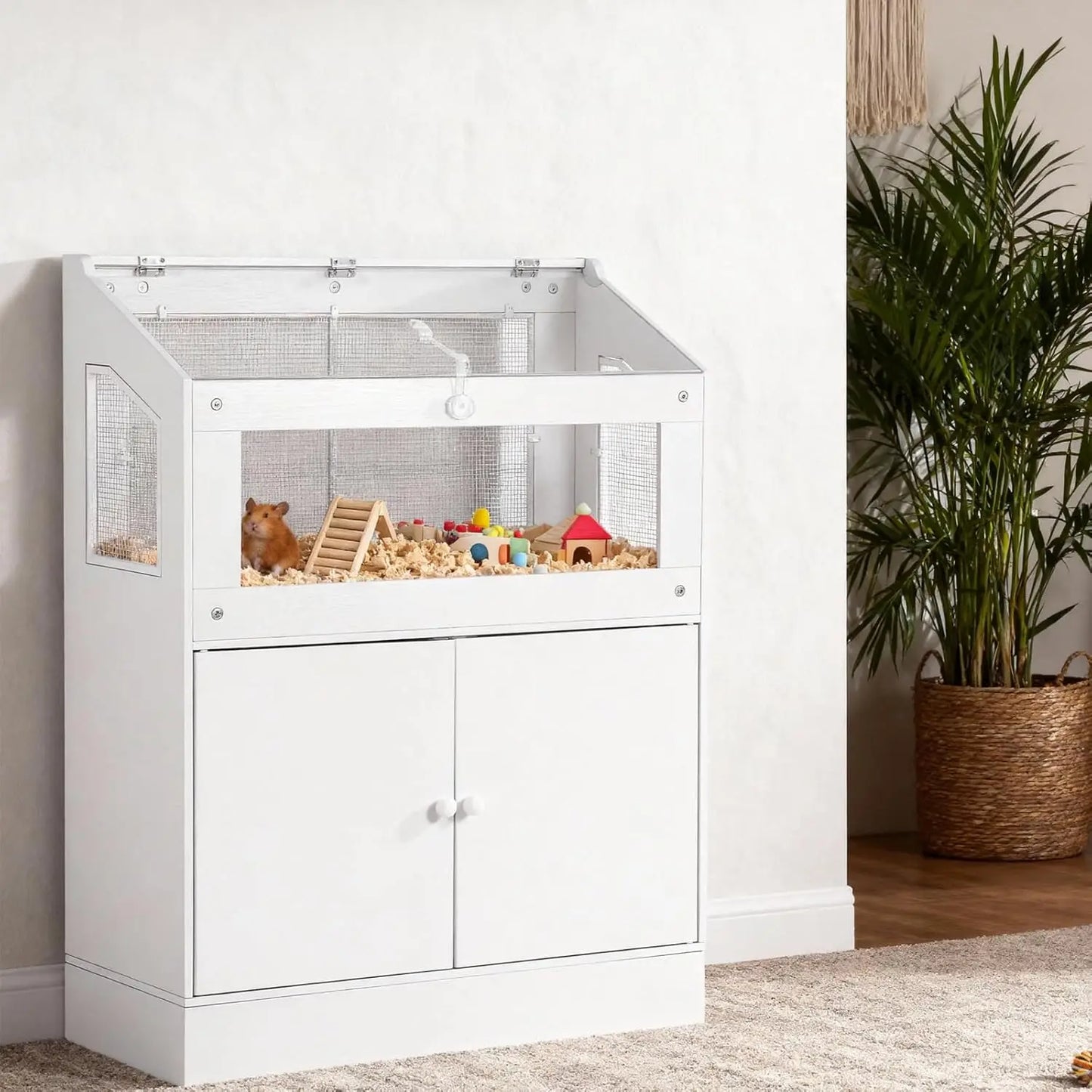HiMISS Wooden And Acrylic Small Animal Cage With Storage Cabinet
