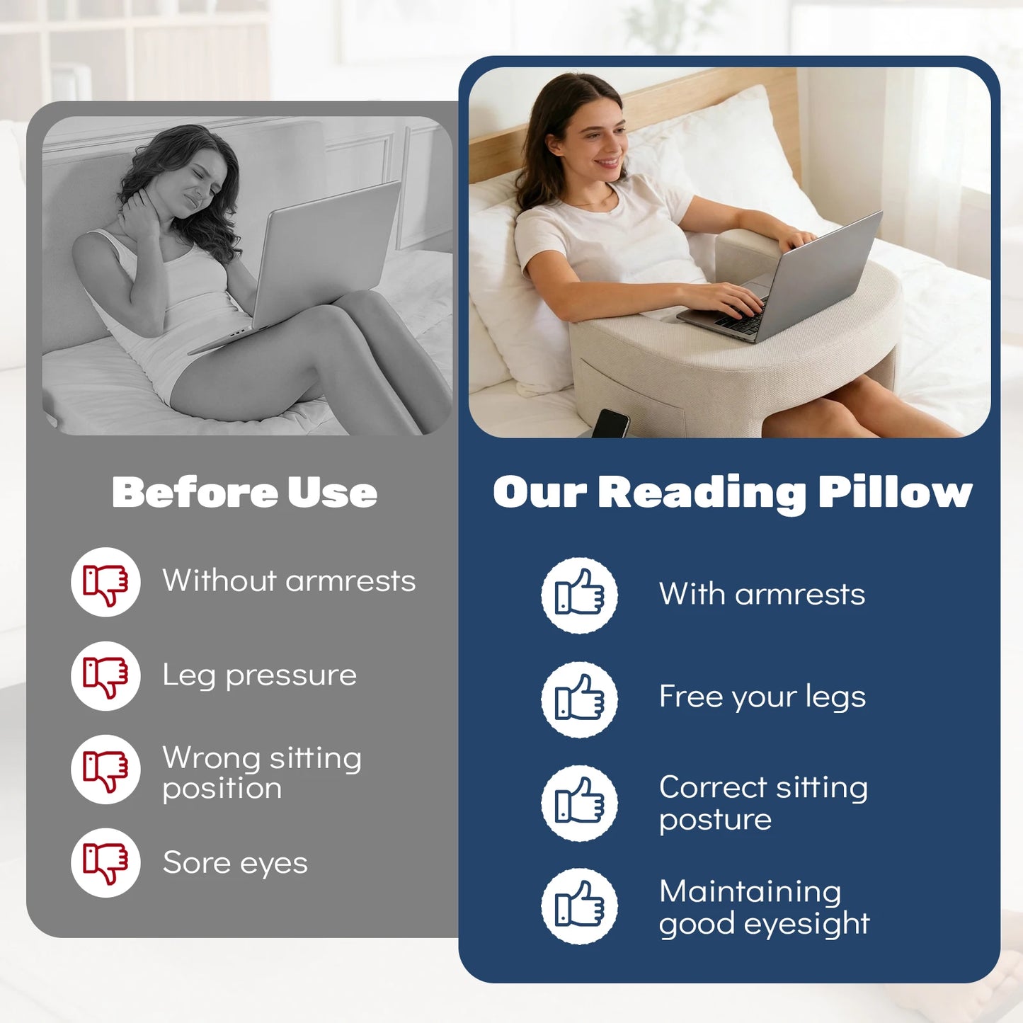 JHK Curved Reading Pillow Ergonomic Memory Foam Neck Pillow Ventilated Cooling Bed Pillow with Removable Washable Cover Comfort