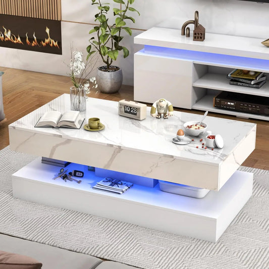QiaoShiRen Modern LED Coffee Table With Two Drawers And Storage