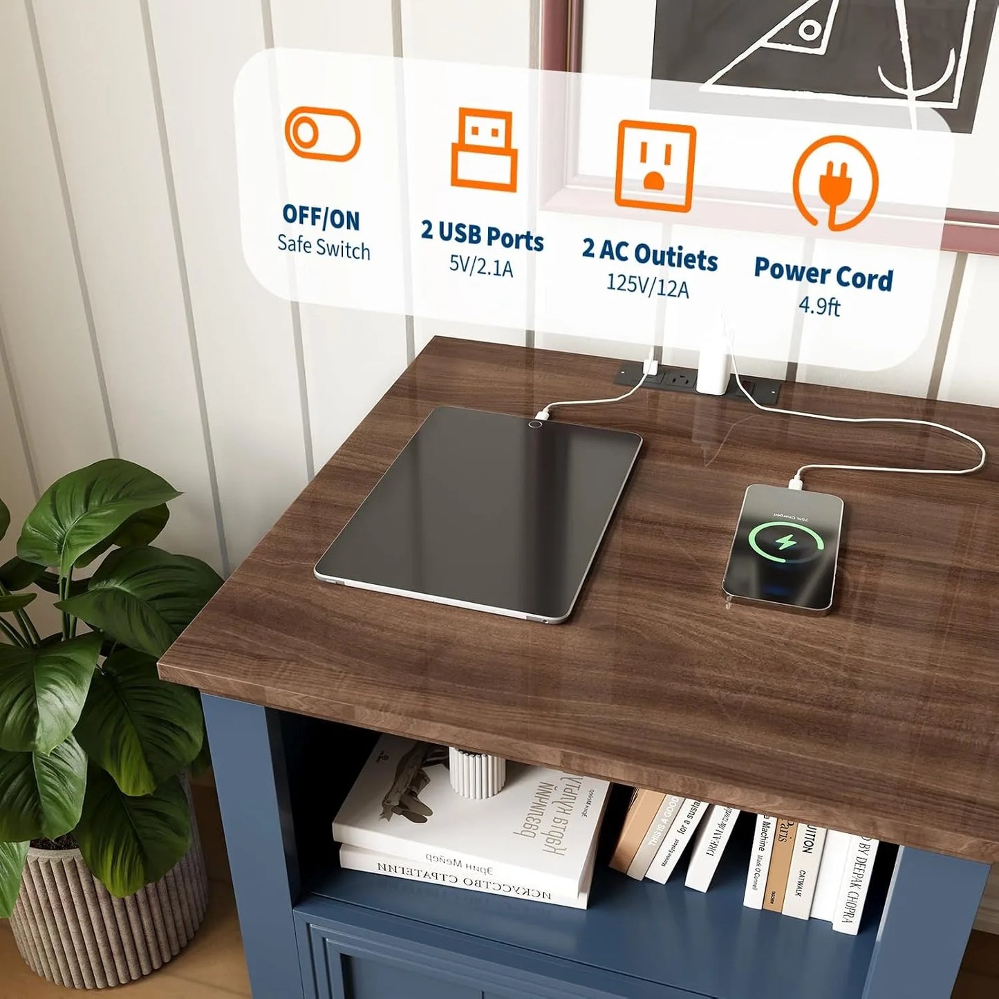 Modern Fluted Wood Nightstand With USB Charging And Storage Shelf