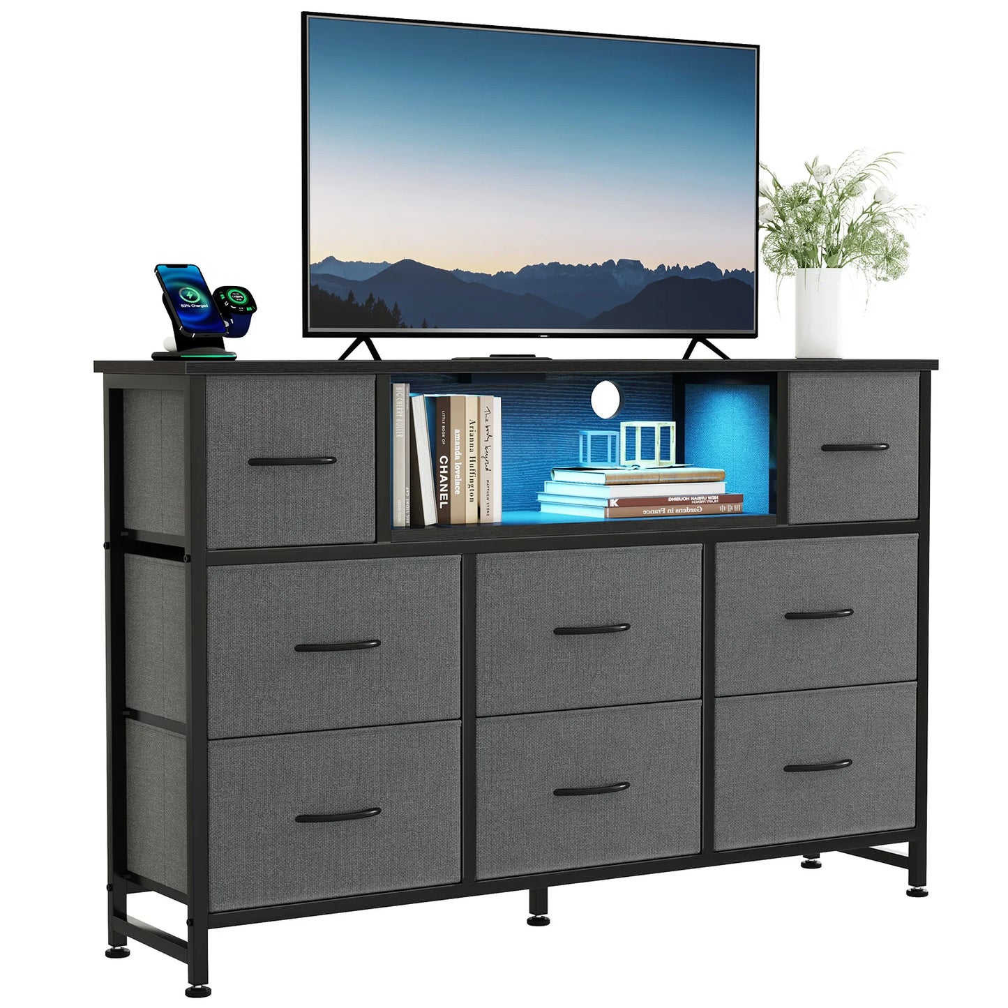 JHK LED TV Stand With Charging Station And Fabric Drawers