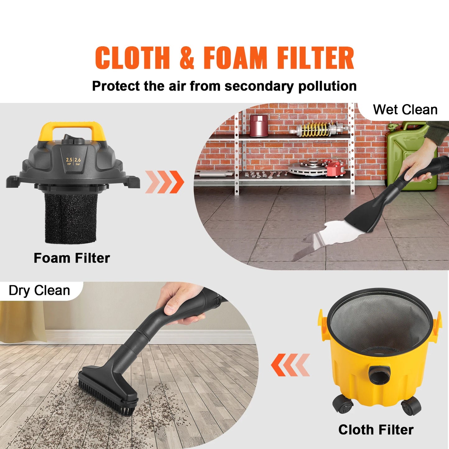 Wet Dry Vacuum Portable Shop Vacuum 2.5 Peak HP Blowing
