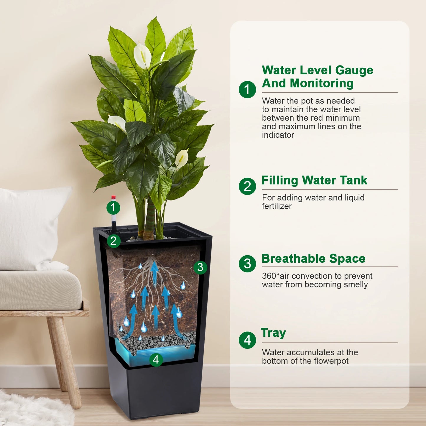 Outdoor Indoor Planter Pots With Drainage Holes Auto Watering