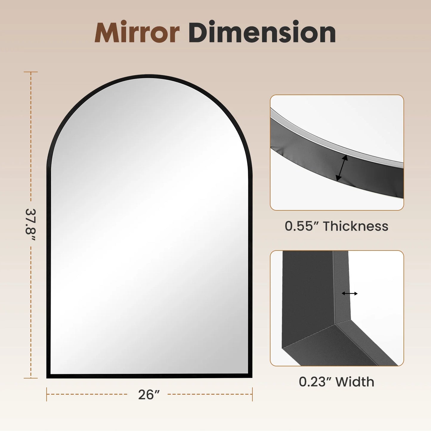 JHK Arched Glass Mirror For Wall Modern Framed Bathroom Decor