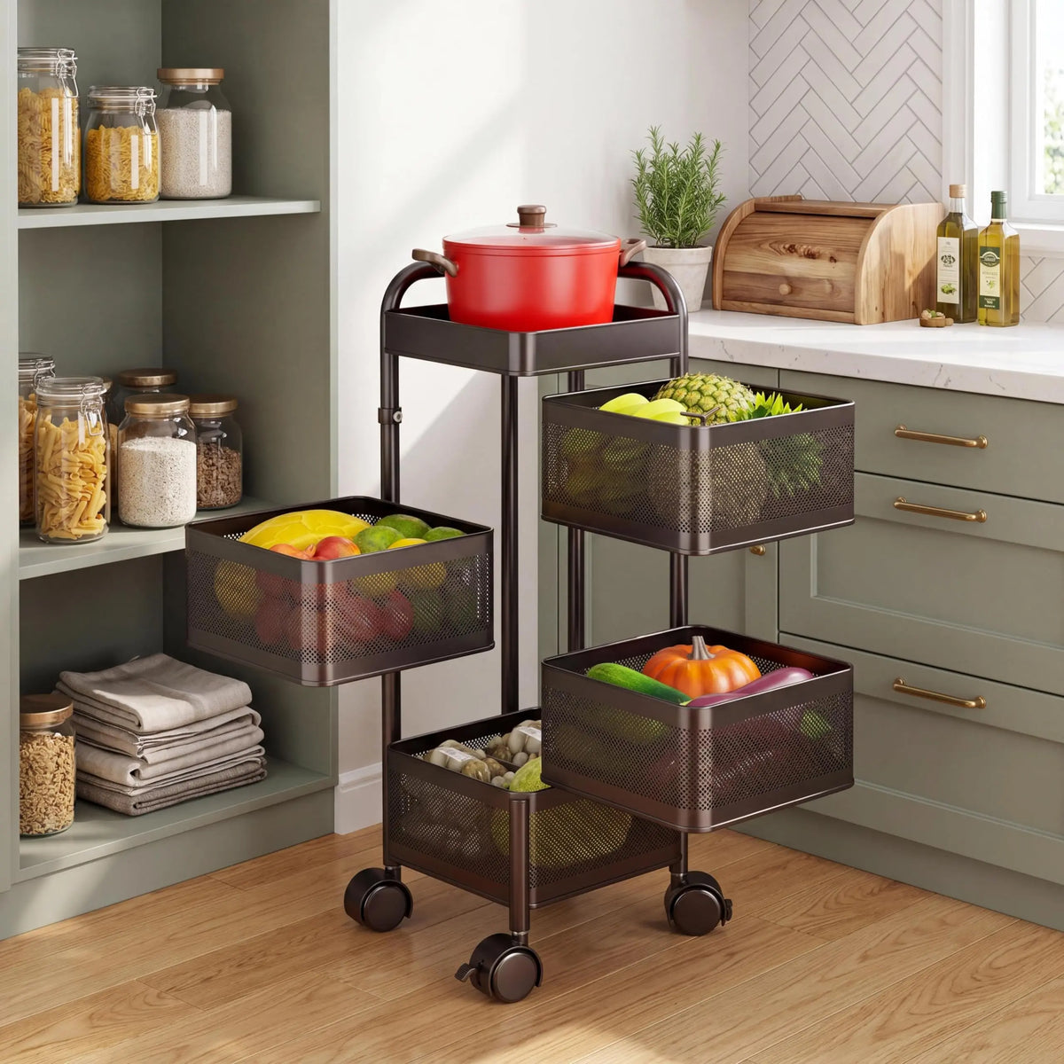 Studyset Rotating Kitchen Storage Cart With Wheels And Mesh Baskets
