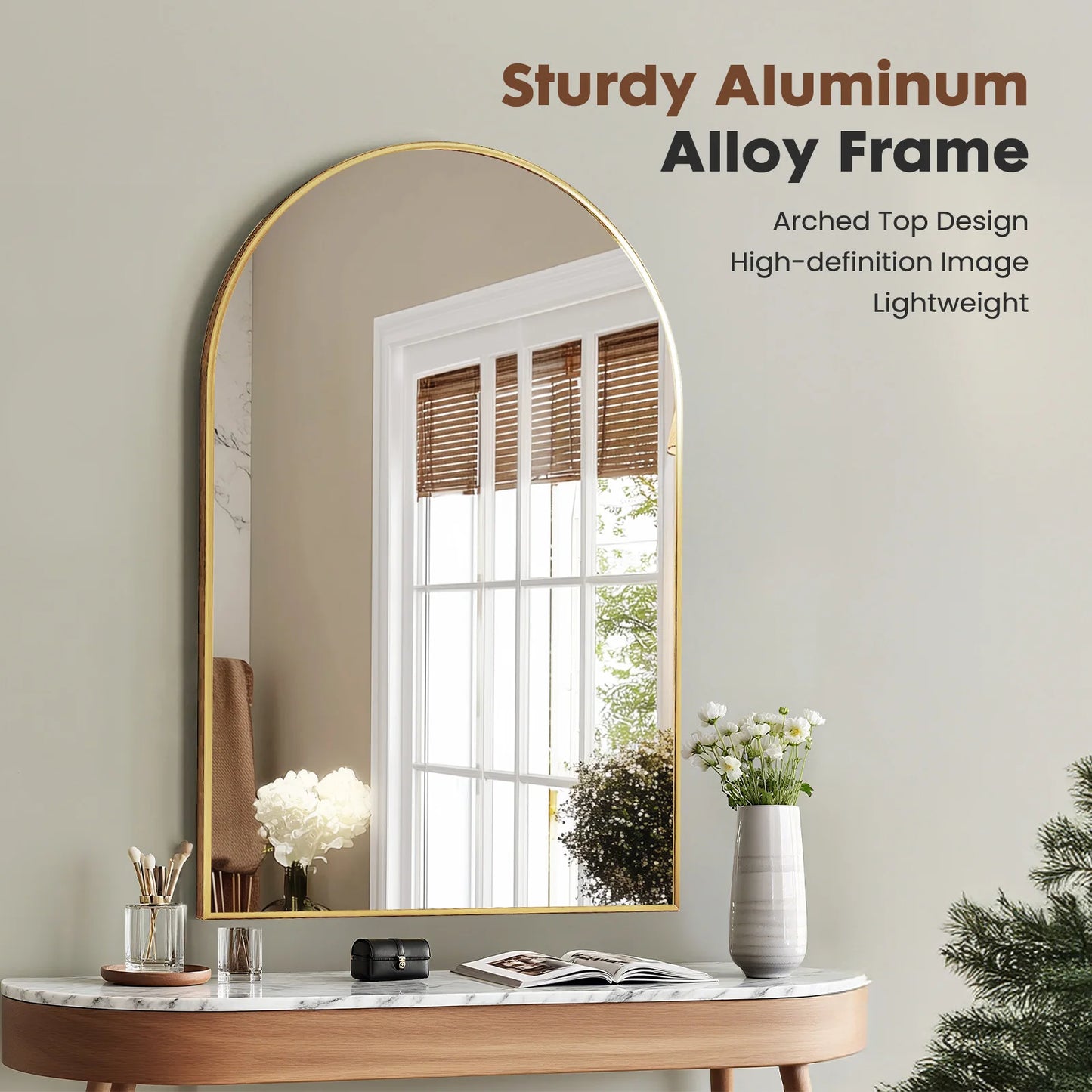 JHK Arched Glass Mirror For Wall Modern Framed Bathroom Decor