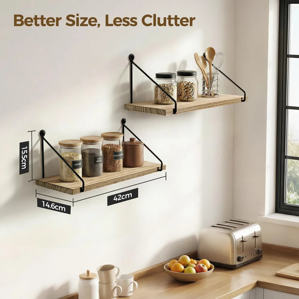Modern Floating Wall Shelves, Dual Tier Wood Display Storage Organizer