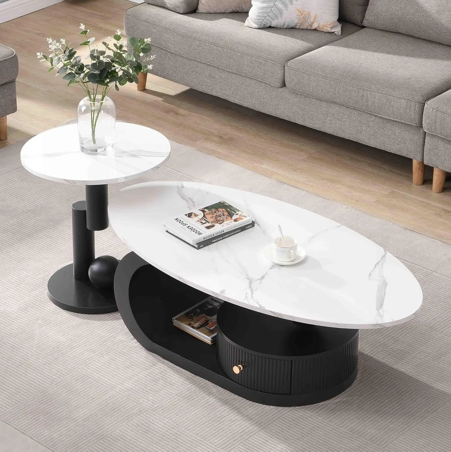 Modern Coffee Table Stainless Steel Pedestal And Faux Stone Top