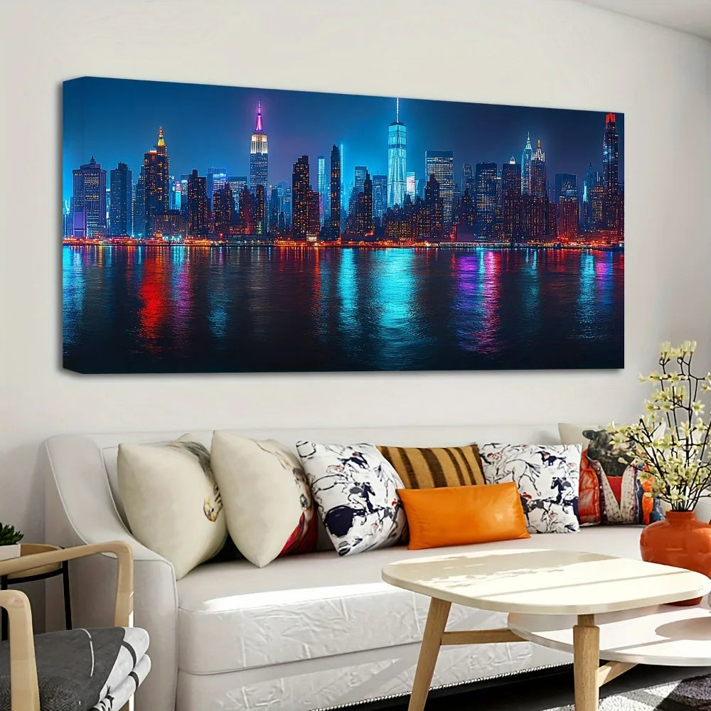 New York City Skyline Canvas Poster With Pine Frame