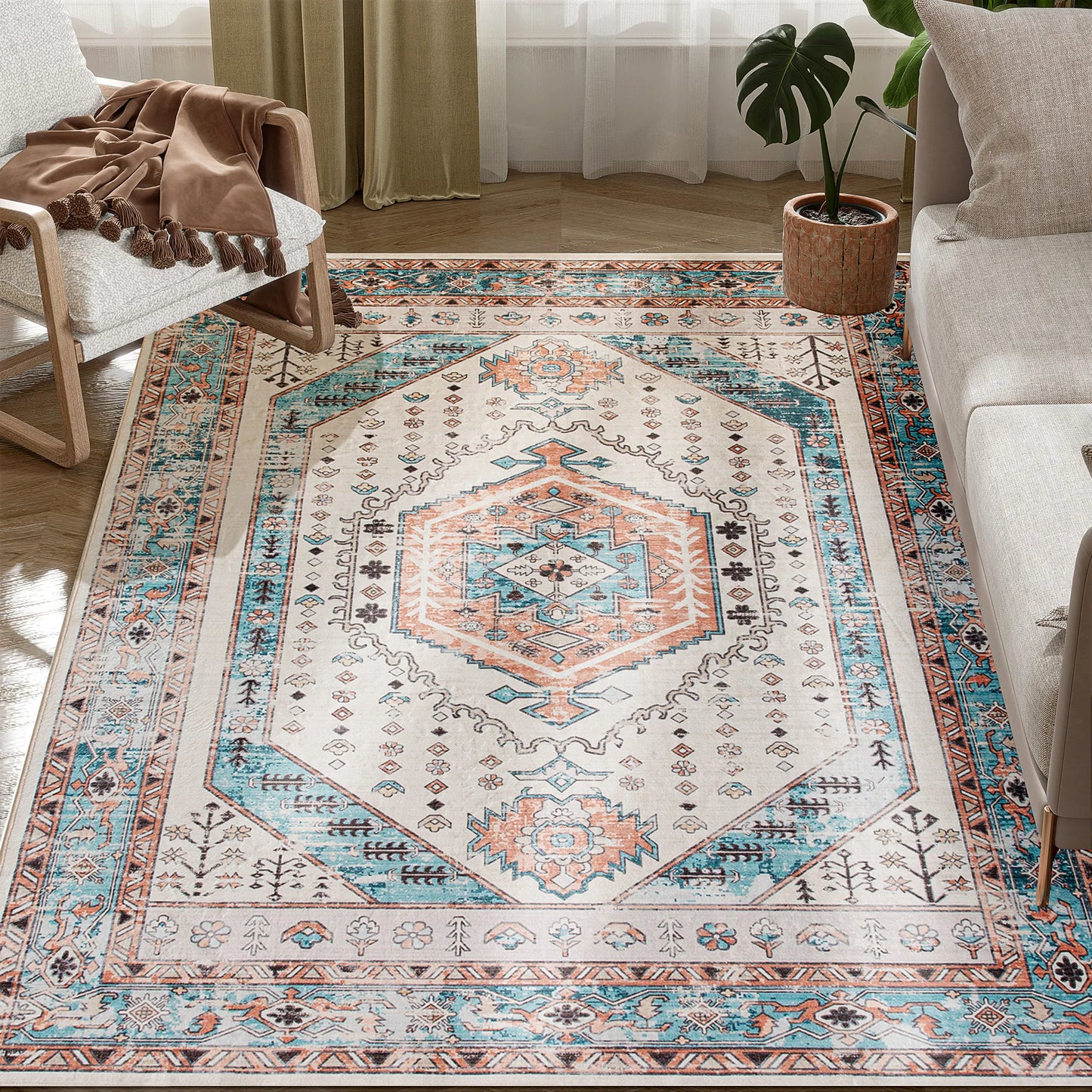 Machine Washable Vintage Oriental Medallion Soft Area Rug