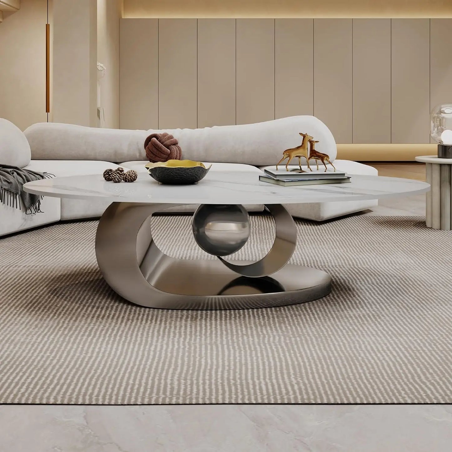 Modern Coffee Table Stainless Steel Pedestal And Faux Stone Top