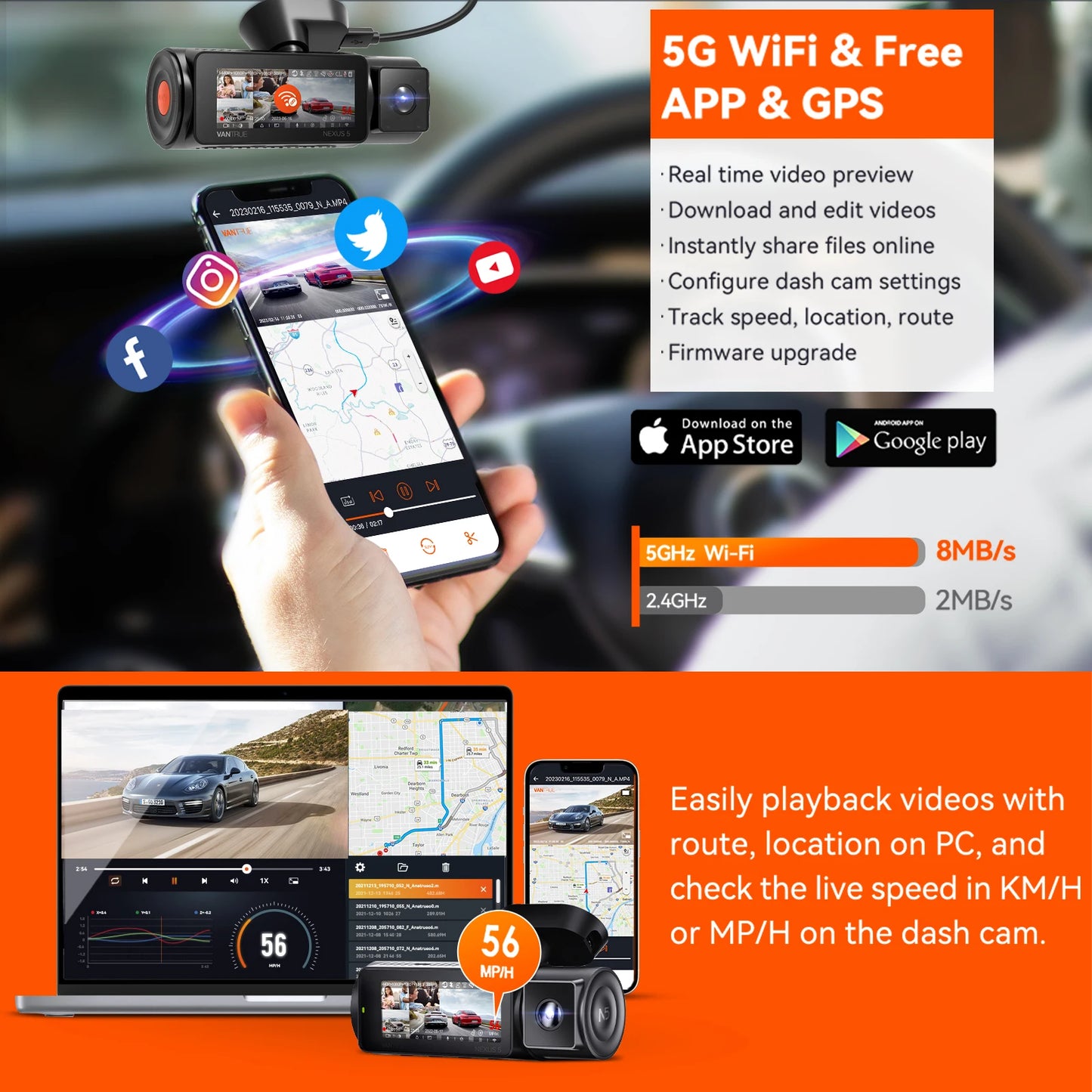 Vantrue N5 Dash Cam 4 Channel WiFi 360 NightVision GPS