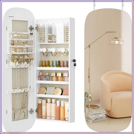 LED Jewelry Cabinet Mirror Wall Mount Lockable Storage Organizer