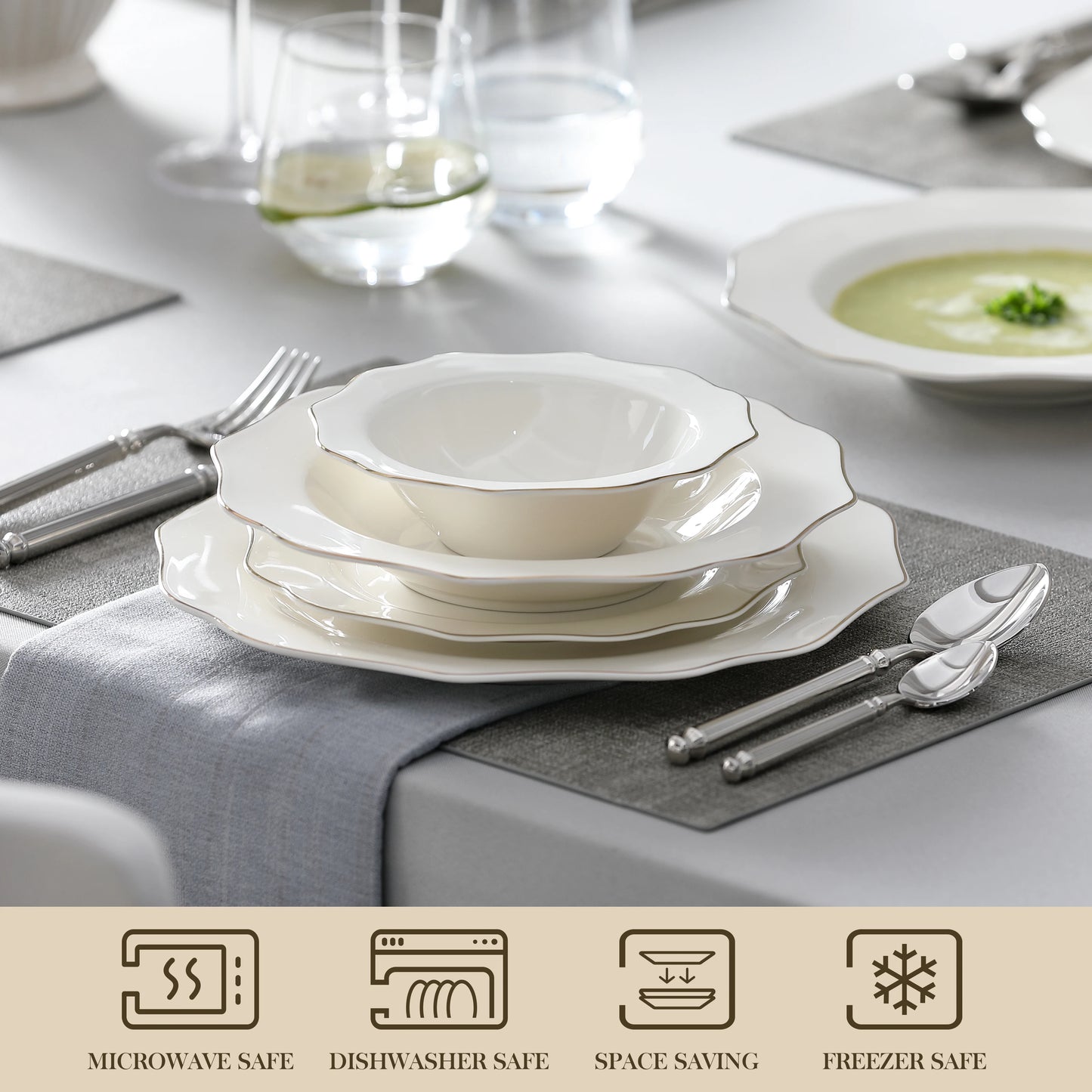 MALACASA Nordic Porcelain Tableware Set With Rimmed Dinnerware