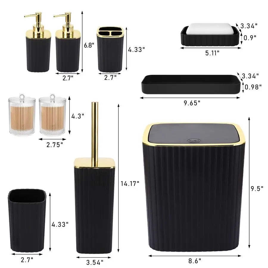 Bathroom Accessory Set With Toilet Brush Trash Can Qtip Holder Soap Dispenser