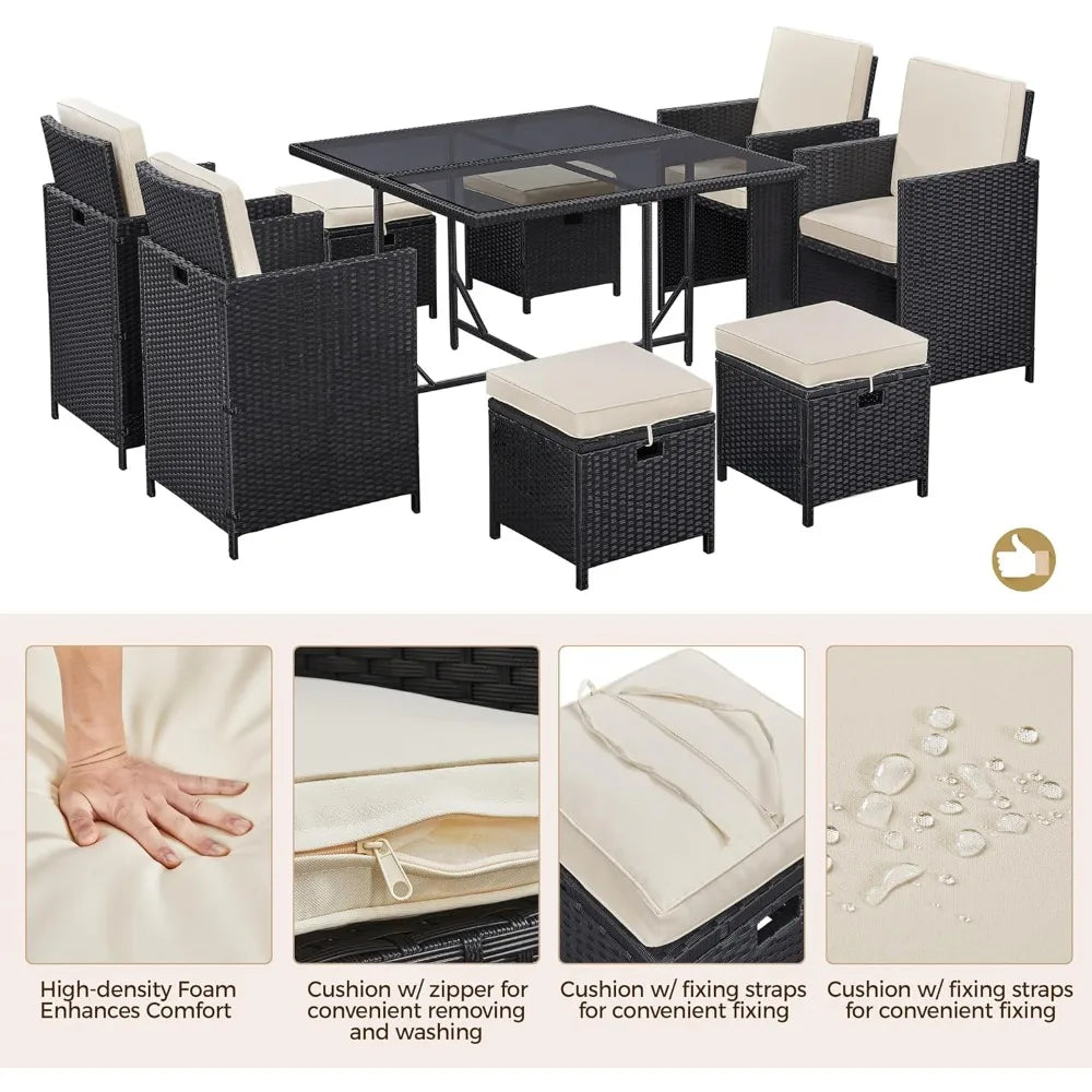 9 Piece Patio Dining Set Outdoor Rattan Chairs With Glass Table