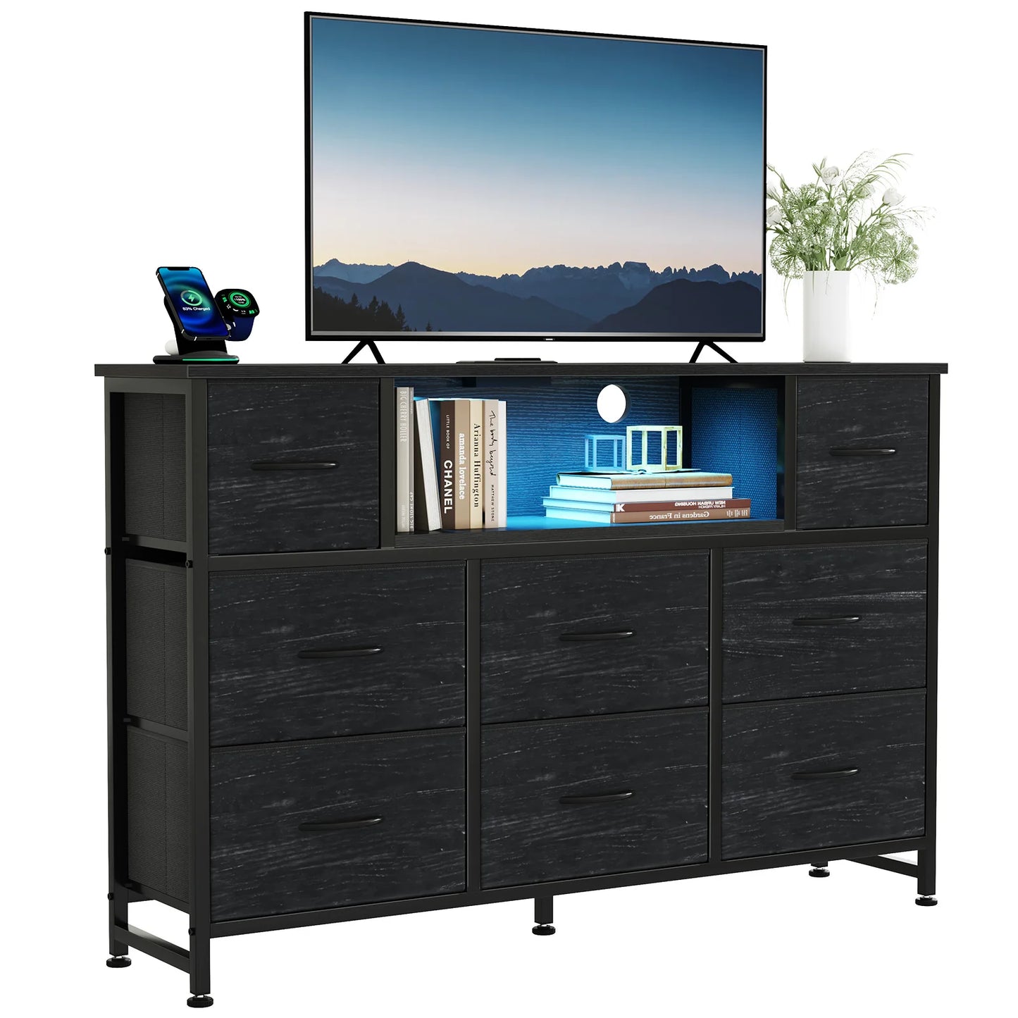 JHK LED TV Stand With Charging Station And Fabric Drawers