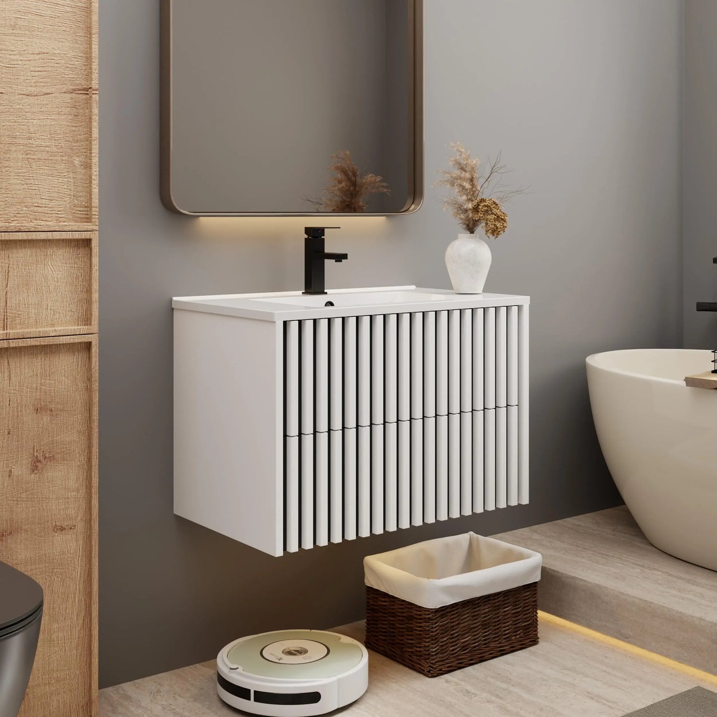 Floating Bathroom Vanity With Sink And Two Fluted Drawers