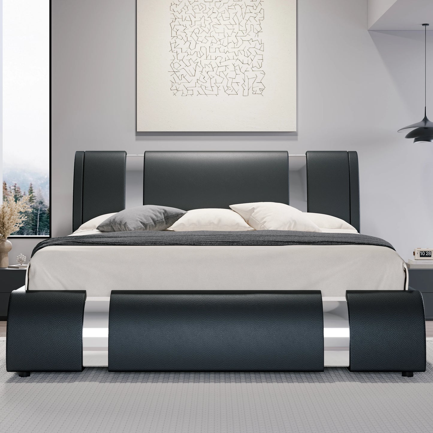 HOOMIC Modern Faux Leather Platform Bed Frame With Height-Adjustable Headboard