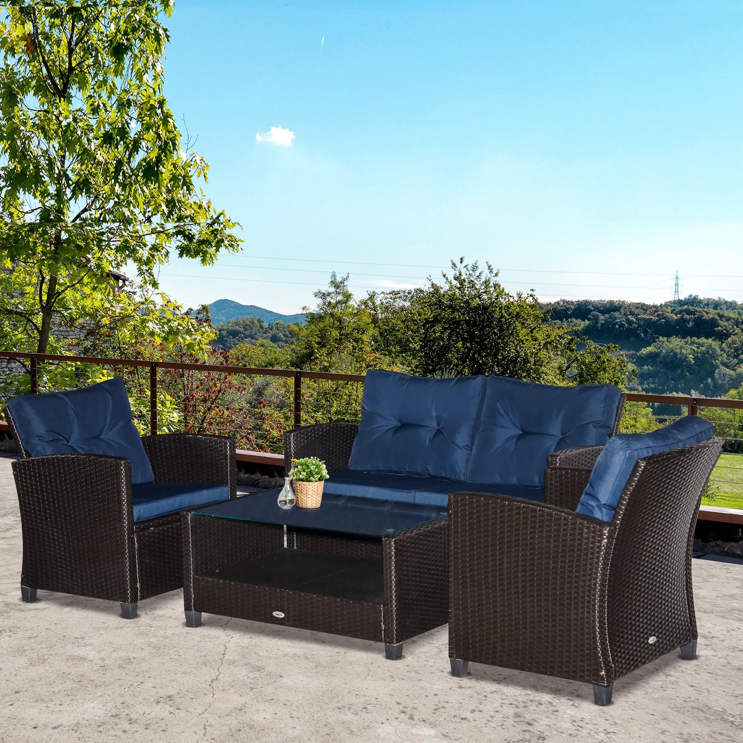 Outdoor Wicker Patio Furniture Set With Tufted Cushions And 2 Tier Coffee Table