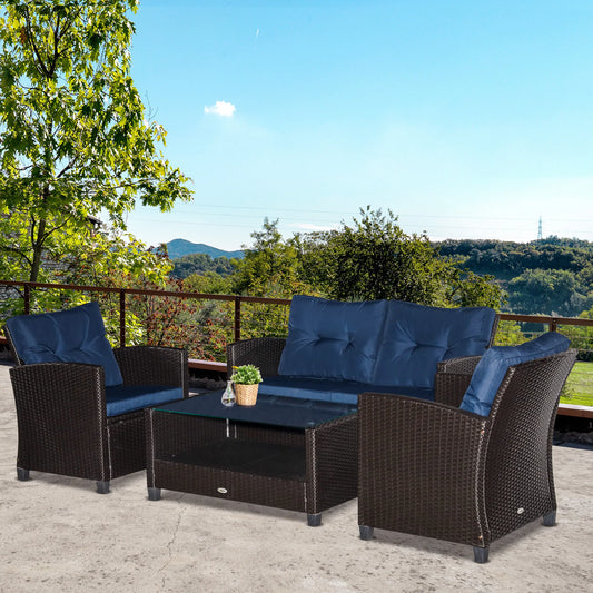 Outdoor Wicker Patio Furniture Set With Tufted Cushions And 2 Tier Coffee Table