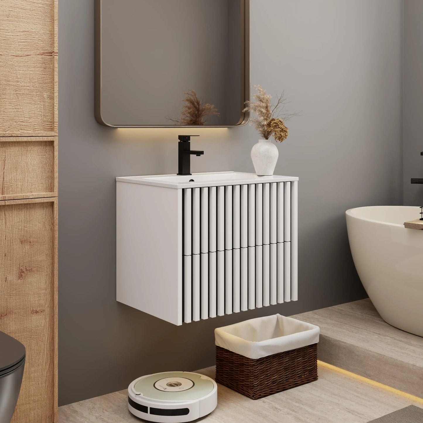 Floating Bathroom Vanity With Sink And Two Fluted Drawers