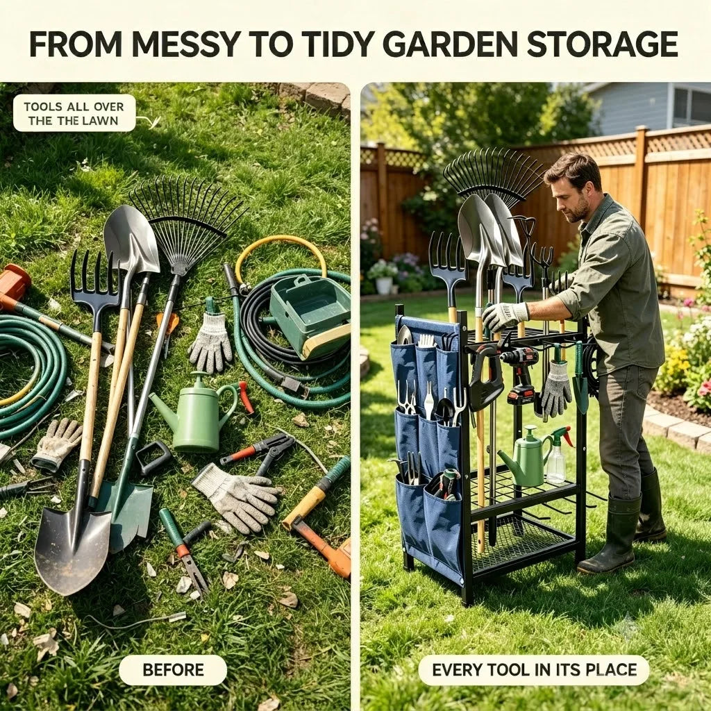 Heavy Duty Garden Tool Storage Organizer Freestanding Garage Tool Rack