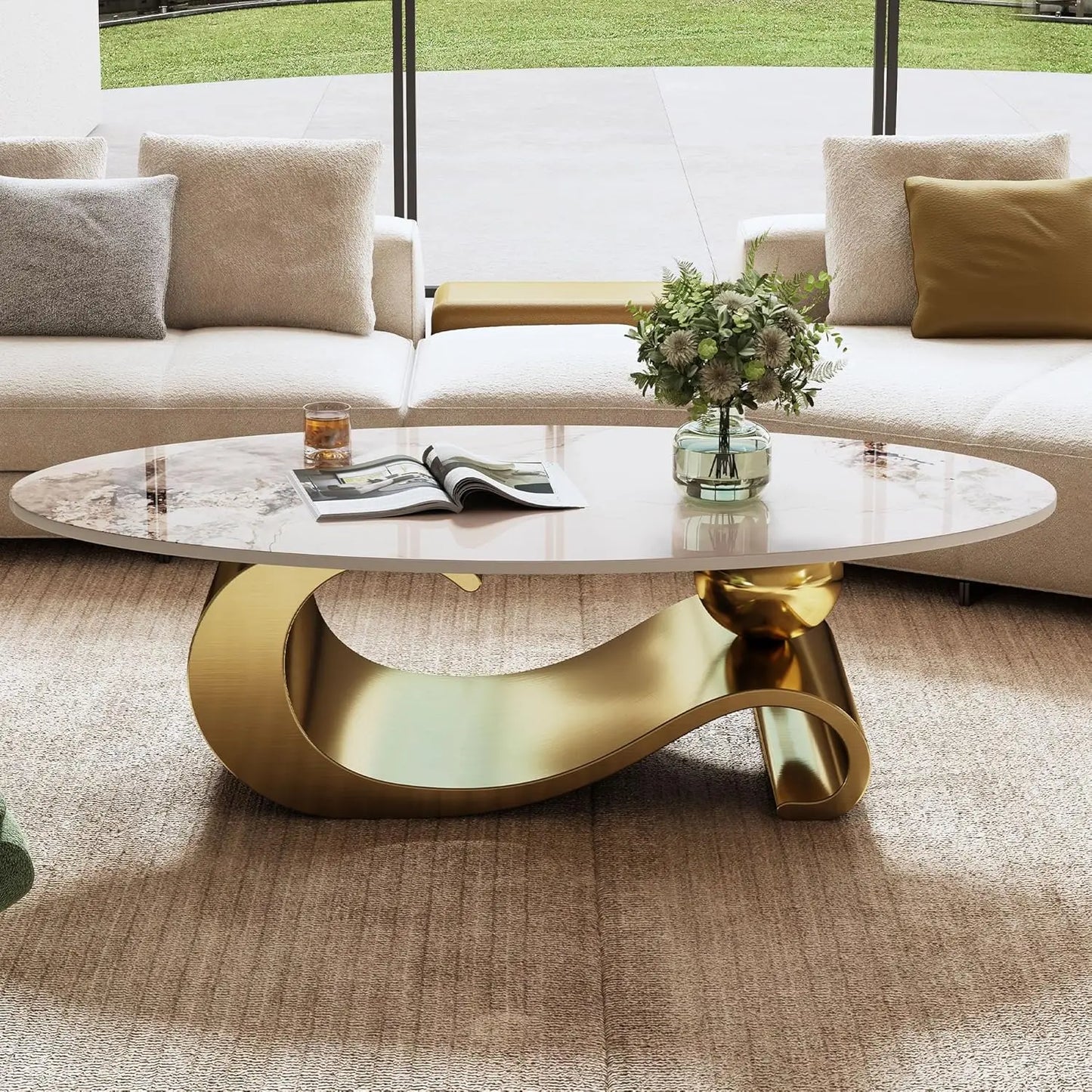 Modern Coffee Table Stainless Steel Pedestal And Faux Stone Top