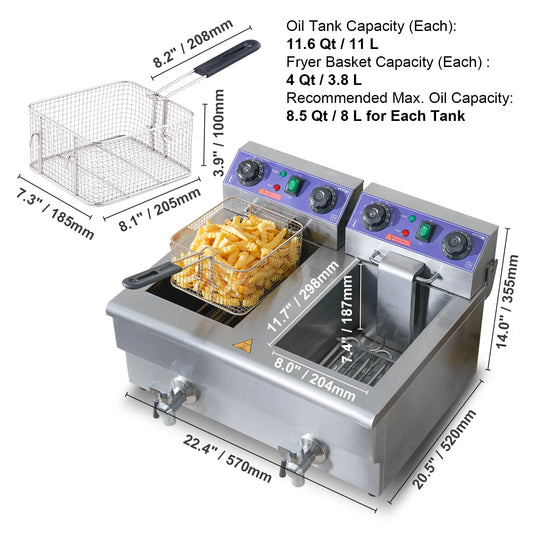 SucceBuy Electric Deep Fryer With Dual Removable Tanks Commercial Countertop