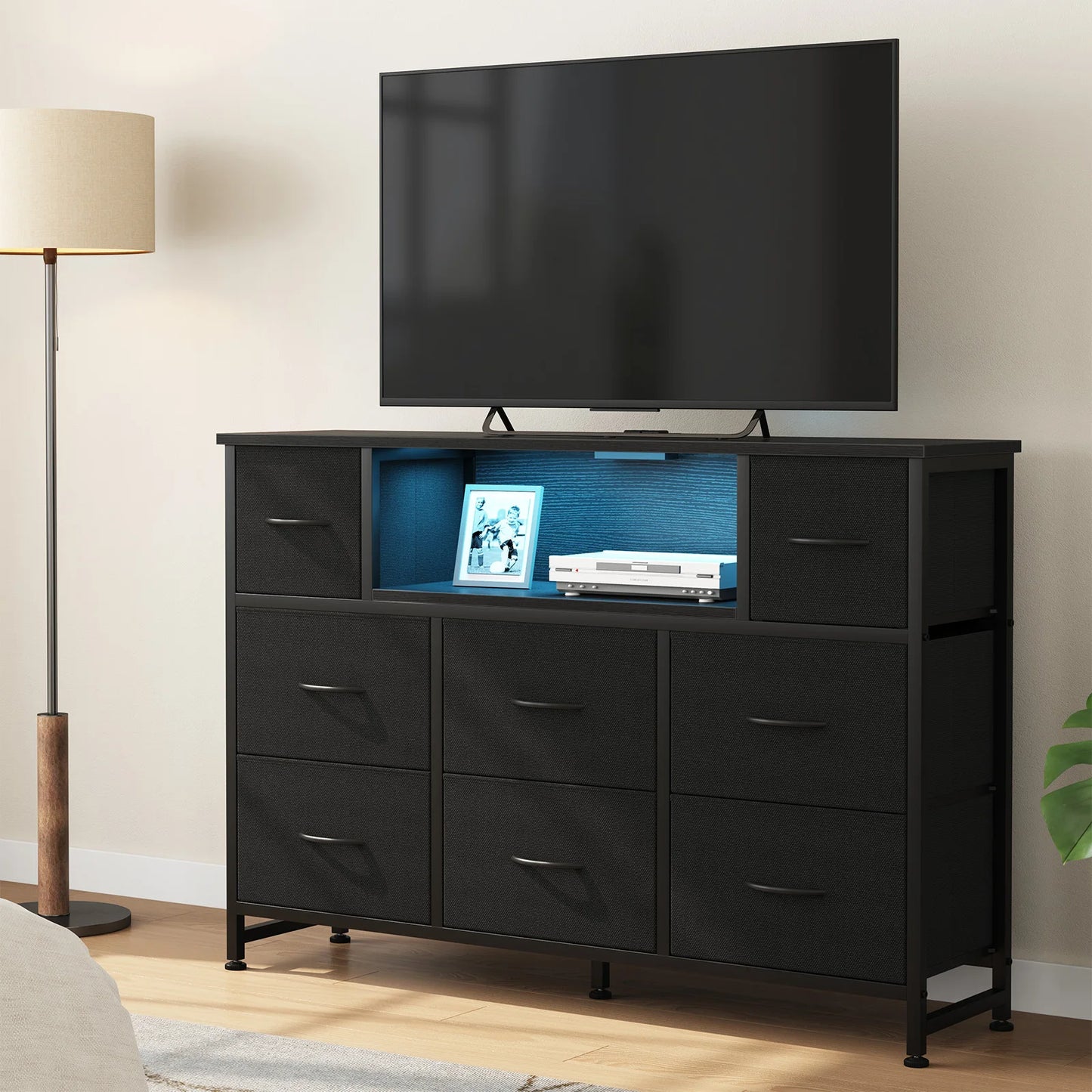 JHK LED TV Stand With Charging Station And Fabric Drawers