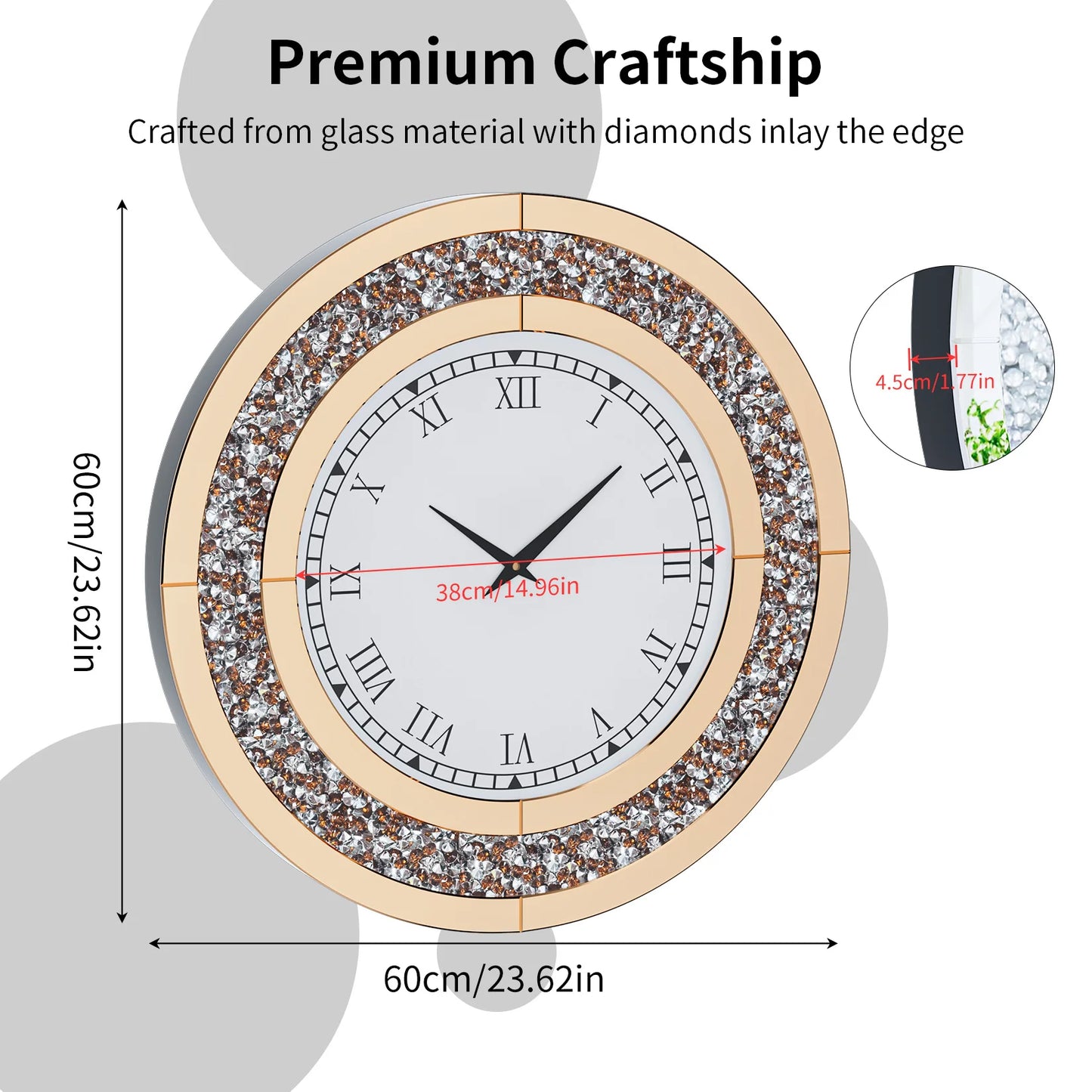 Mirrored Wall Clock With Crystal Sparkle Dial Living Room