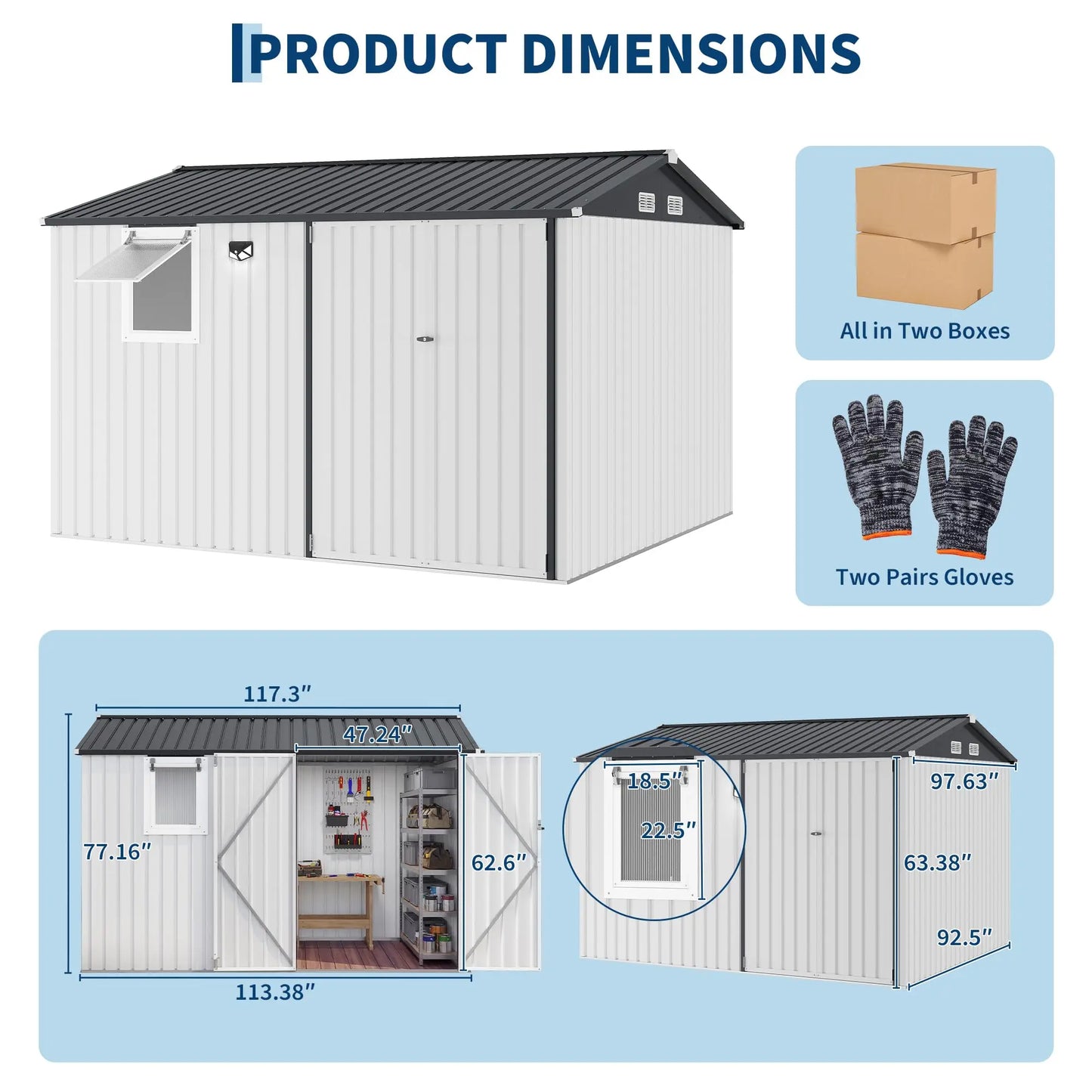 HiMISS Steel Garden Storage Shed Lockable Doors With Sloped Roof