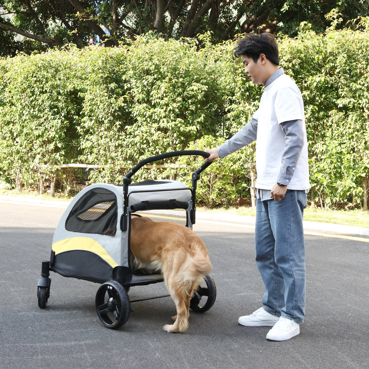 Portable Foldable Four Wheel Dog Stroller With Breathable Travel Carrier