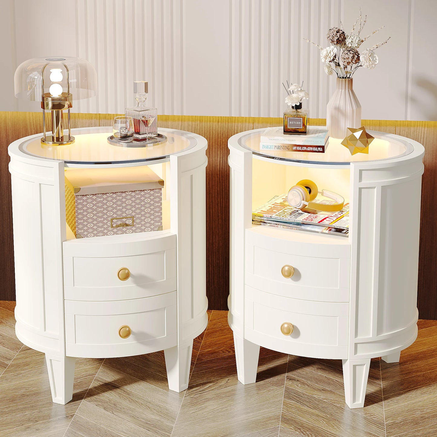 Little Tree 2 Drawer Nightstand Glass Tabletop Modern LED Nightstand