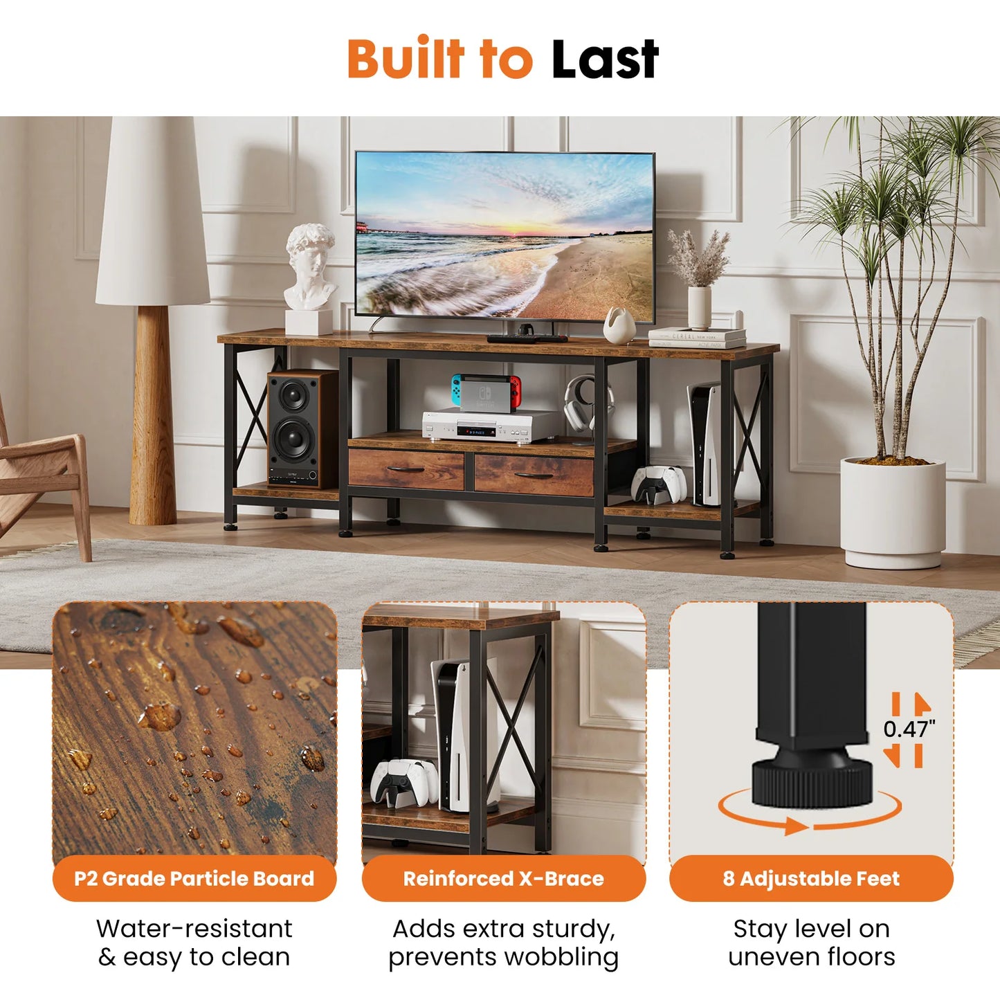 JHK Wooden TV Stand With Drawers And Charging Station