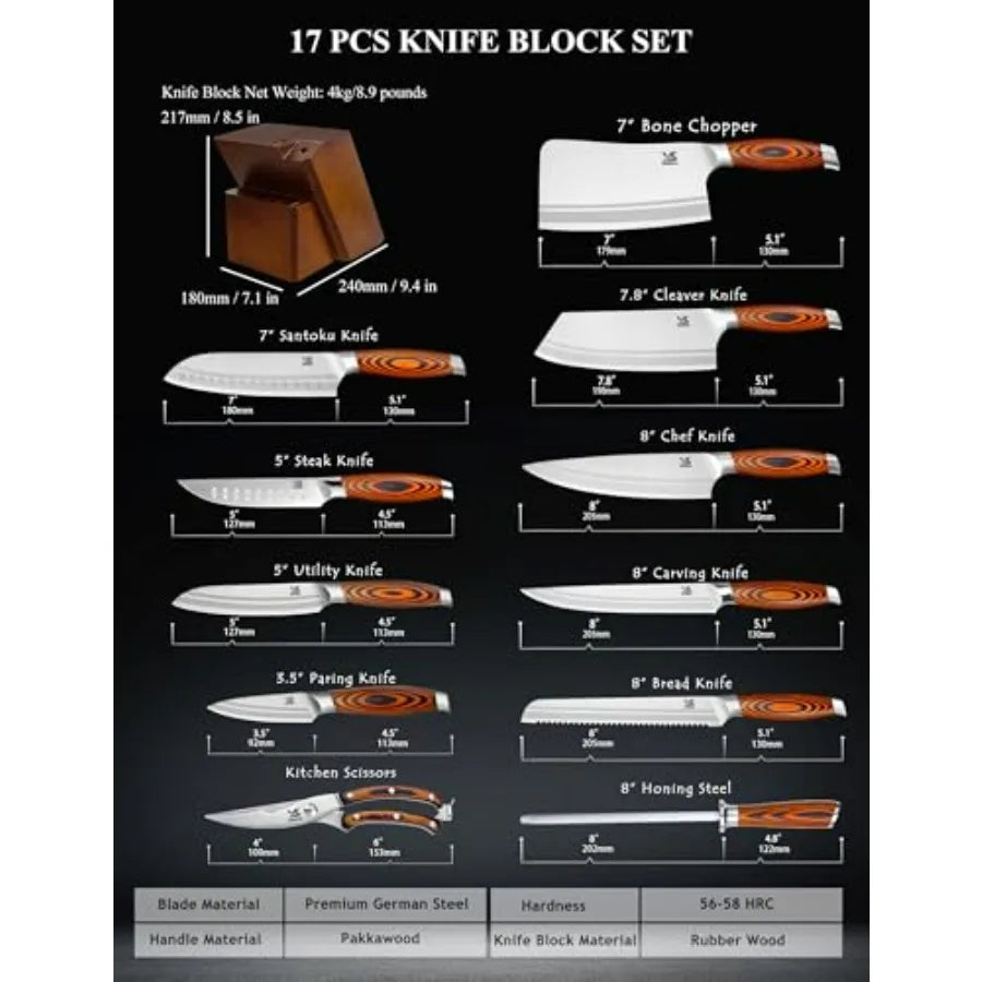 German Steel 17-Piece Knife Set With Wooden Block Kitchen