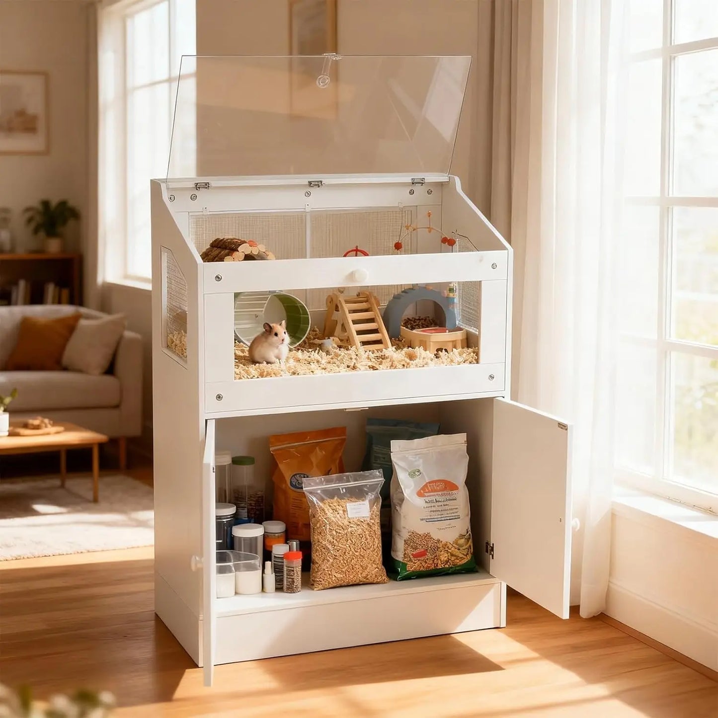 HiMISS Wooden And Acrylic Small Animal Cage With Storage Cabinet