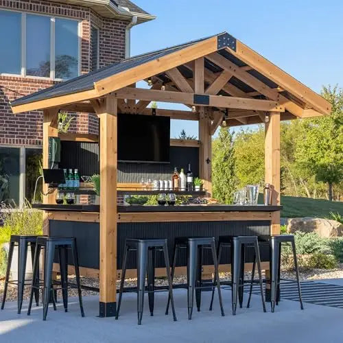 Cedar Bar With Steel Roof Shelving Snow Load Resistant Patio