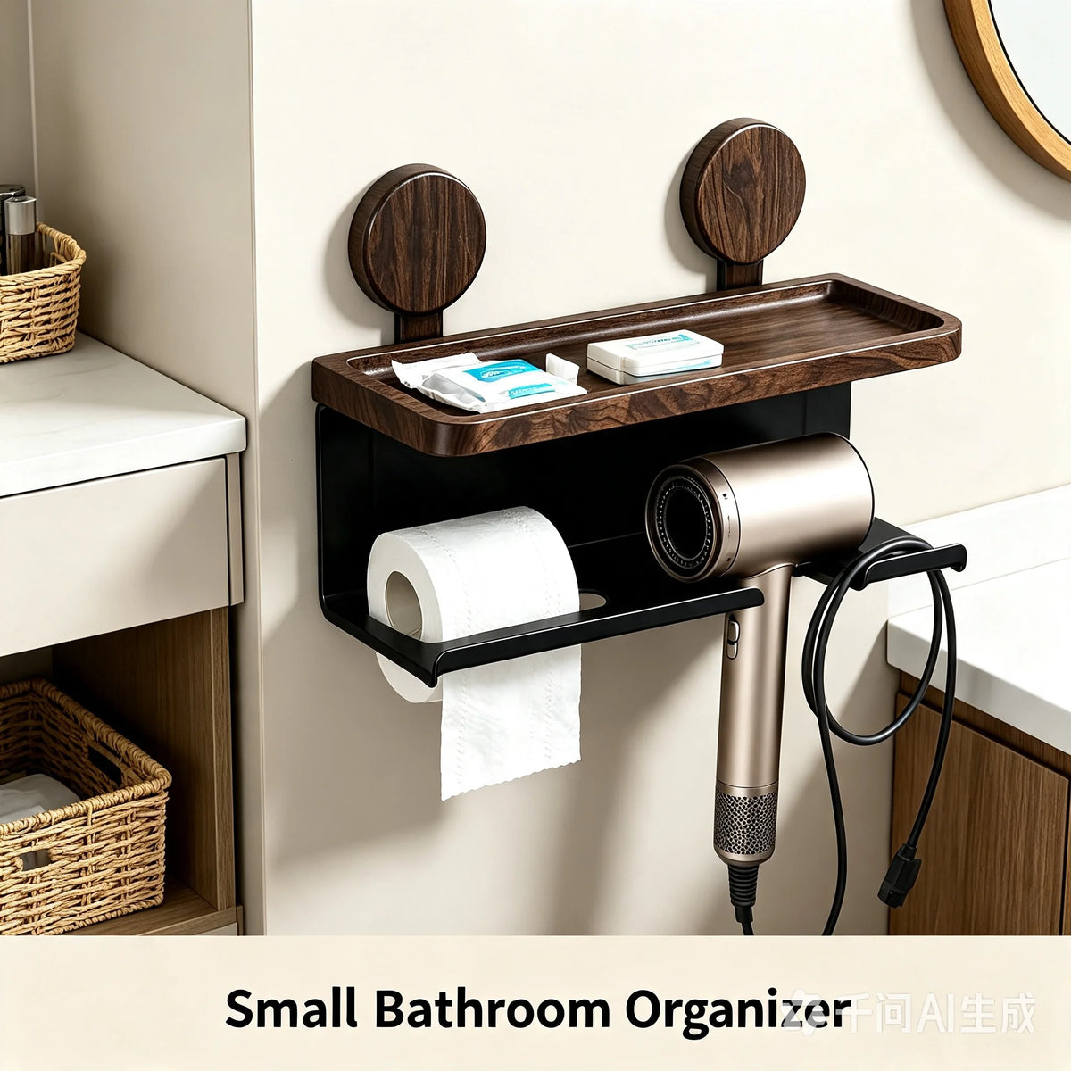 Bathroom Wall Organizer Toilet Paper Holder Shelf Hairdryer Storage Rack