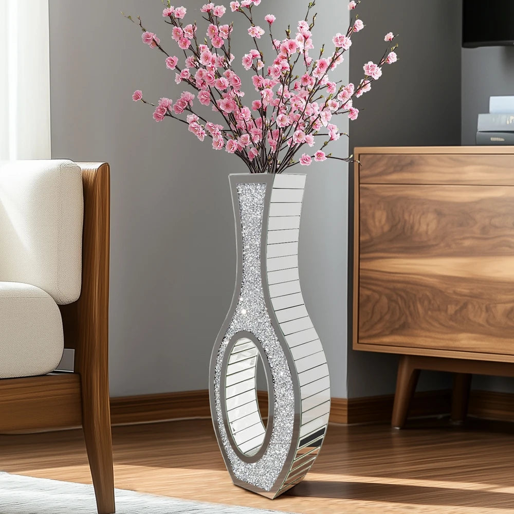 Tall Silver Mirrored Crush Diamond Floor Grass Vase