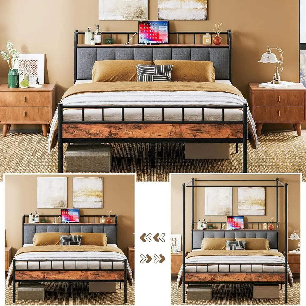LIKIMIO Canopy Bed Frame With Storage Headboard And Charging Station