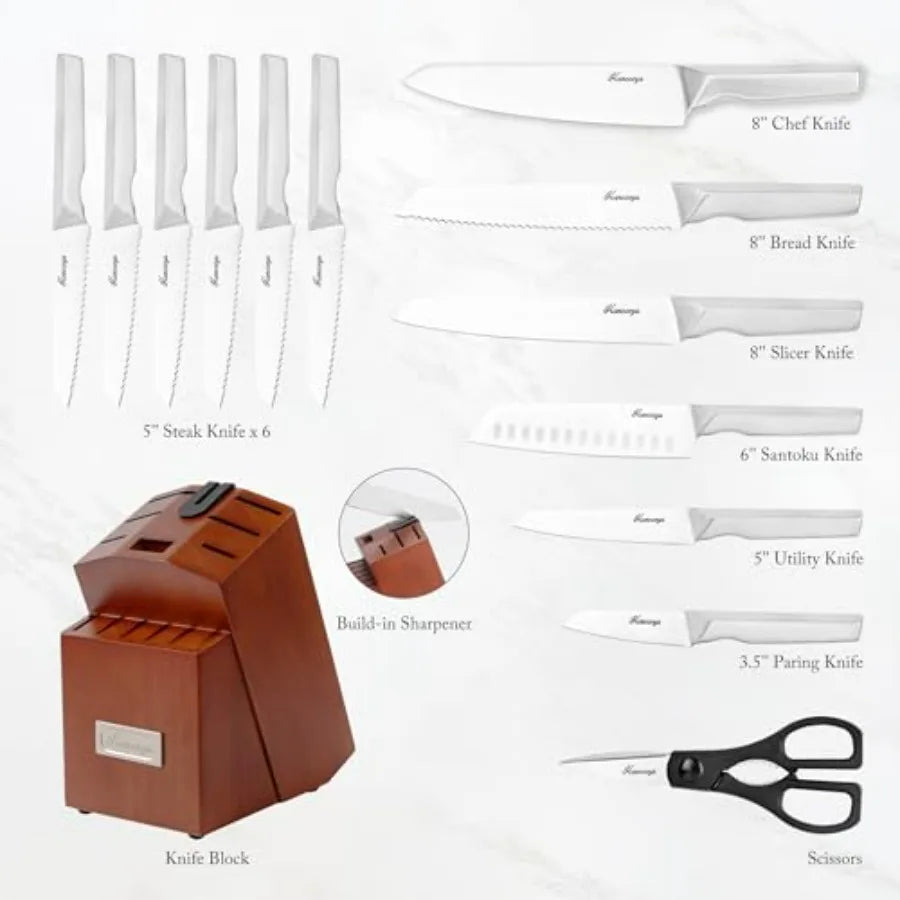 Stainless Steel Kitchen Knife Set With Built-In Sharpener