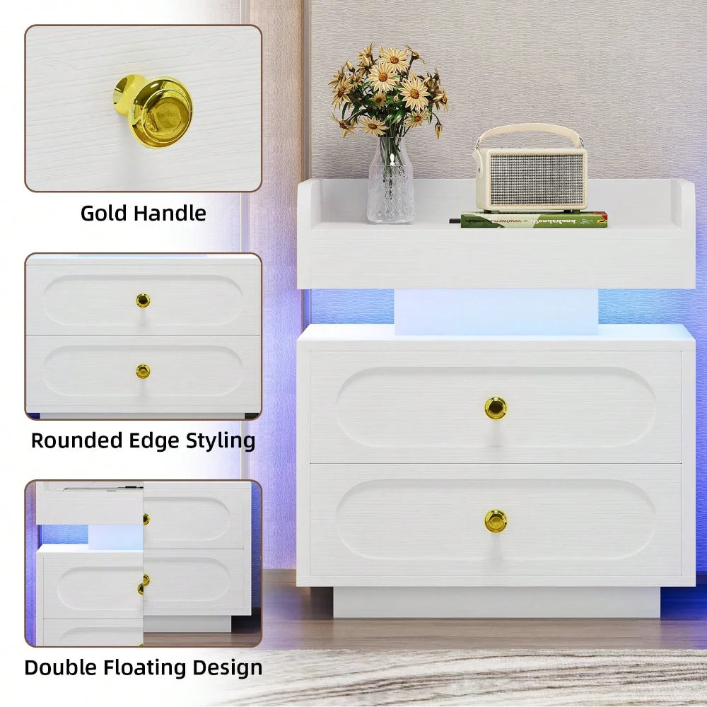 Nightstand With Charging Station And LED Lighting Modern Bedside Table