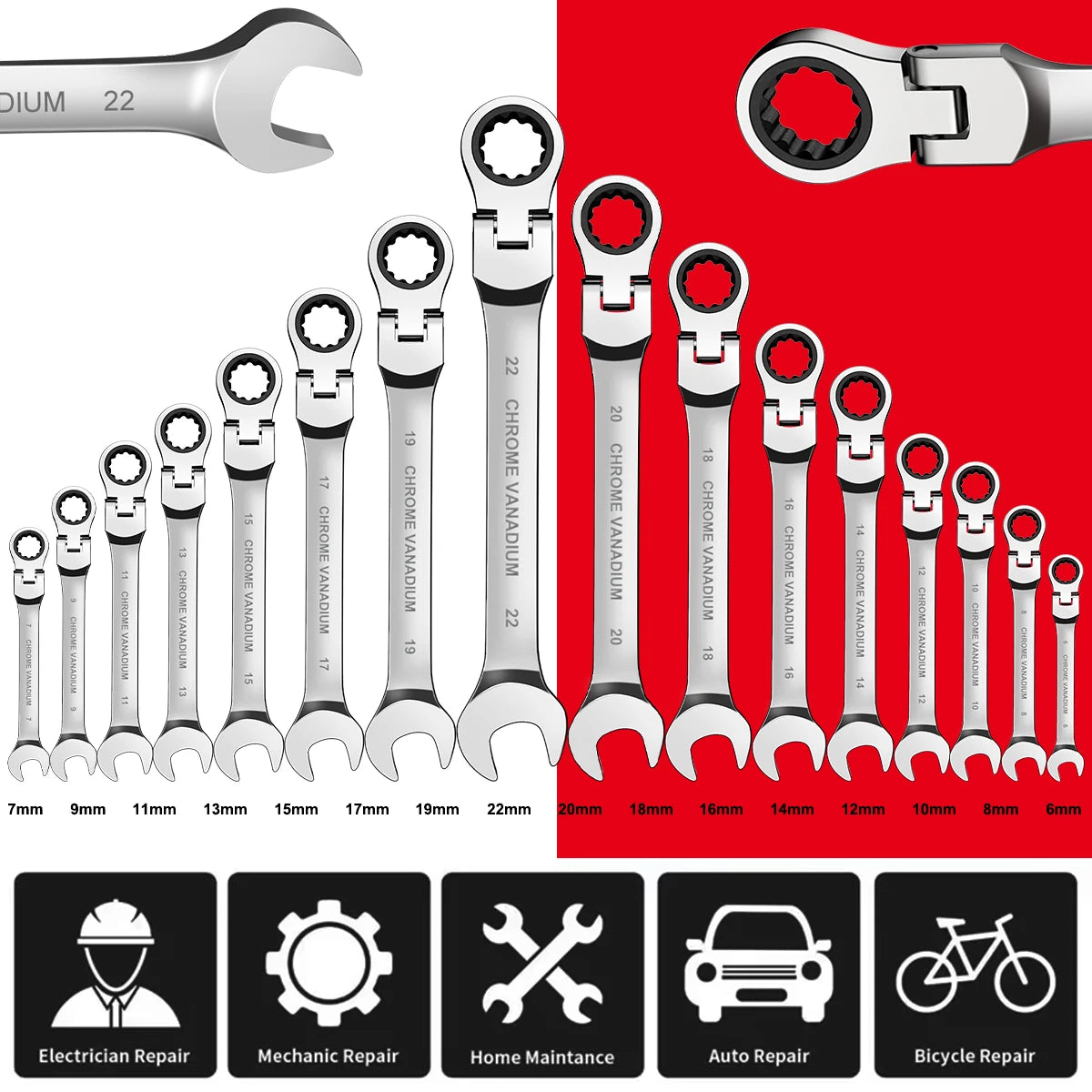 WOZOBUY Flex-Head Ratchet Wrench Set Cr-V Steel With Rolling Pouch