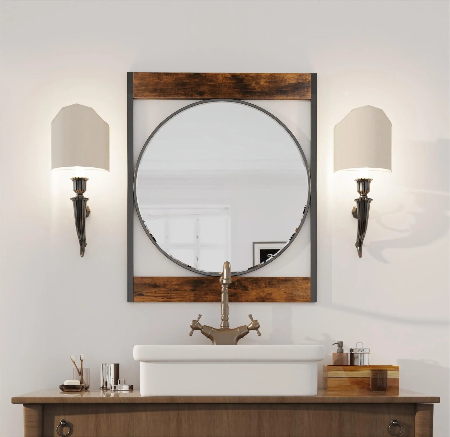 Industrial Metal Wood Frame Wall Mount Mirror For Bathroom And Living Room