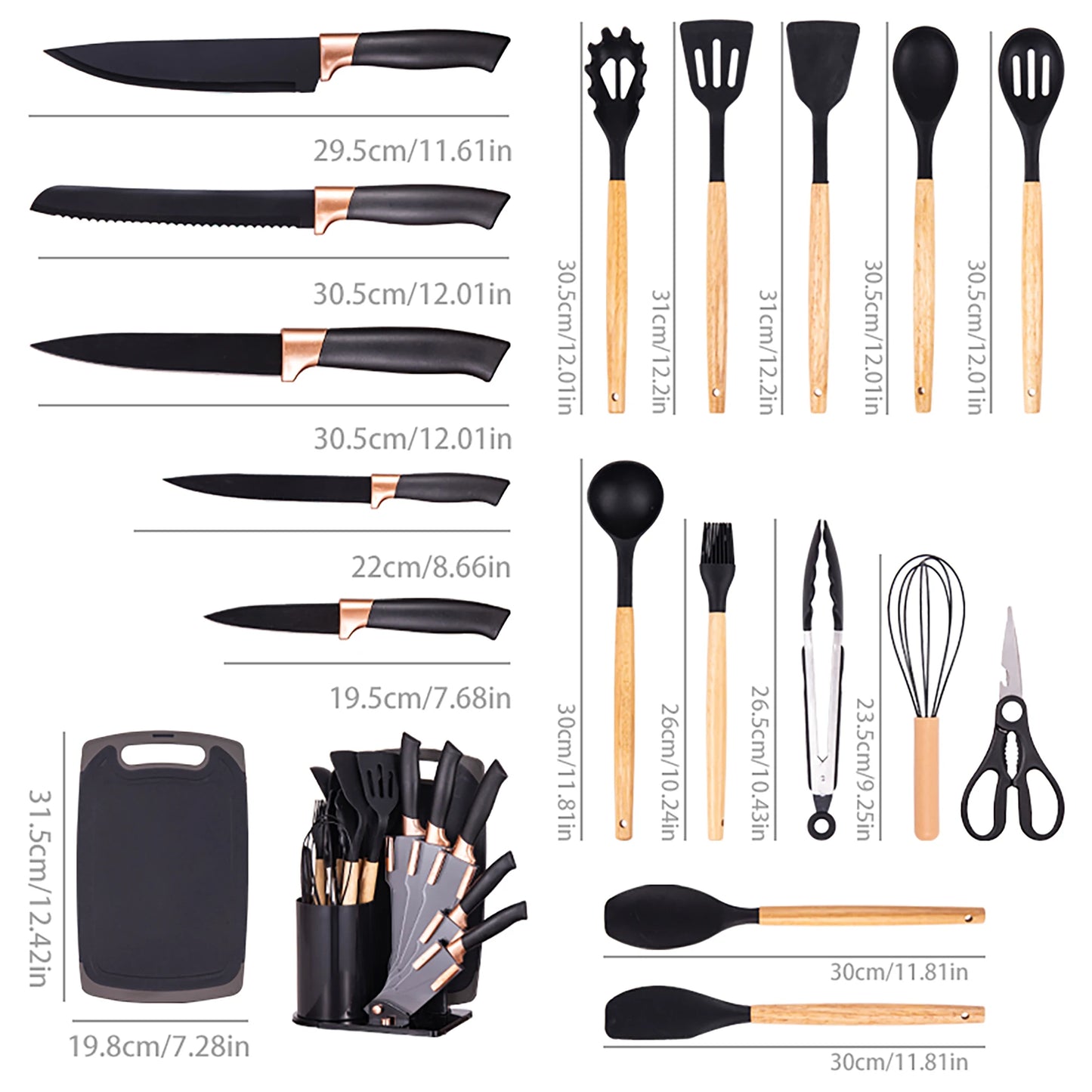 Professional Kitchen Knife Set With Silicone Utensils And Cutting Board