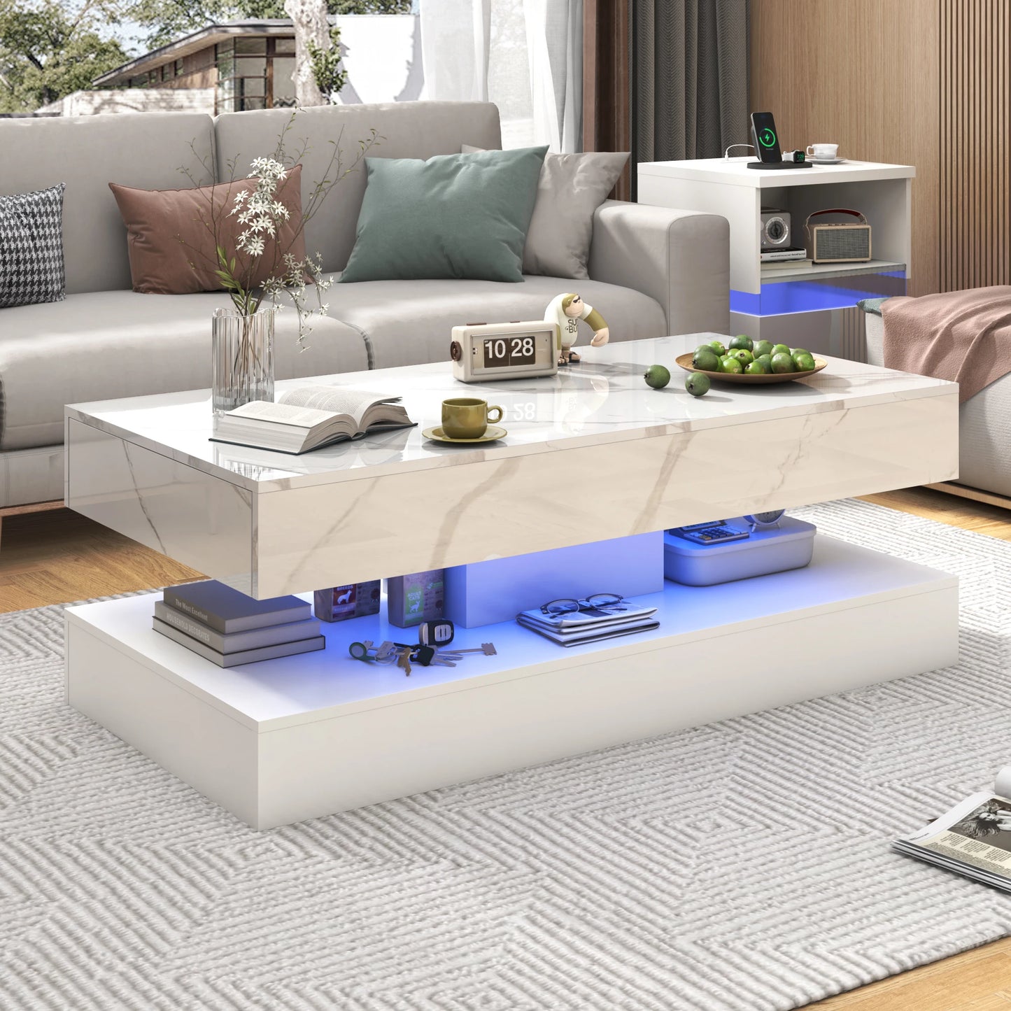 QiaoShiRen Modern LED Coffee Table With Two Drawers And Storage