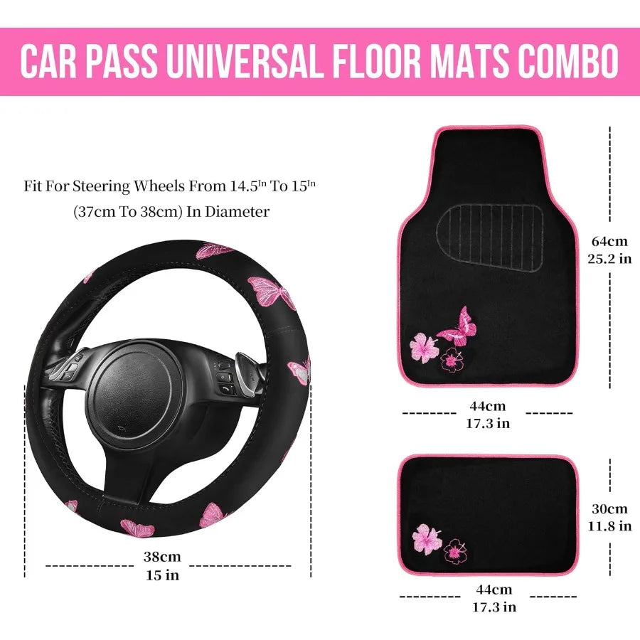 Embroidery Butterfly Steering Wheel Cover And Waterproof Car Floor Mats