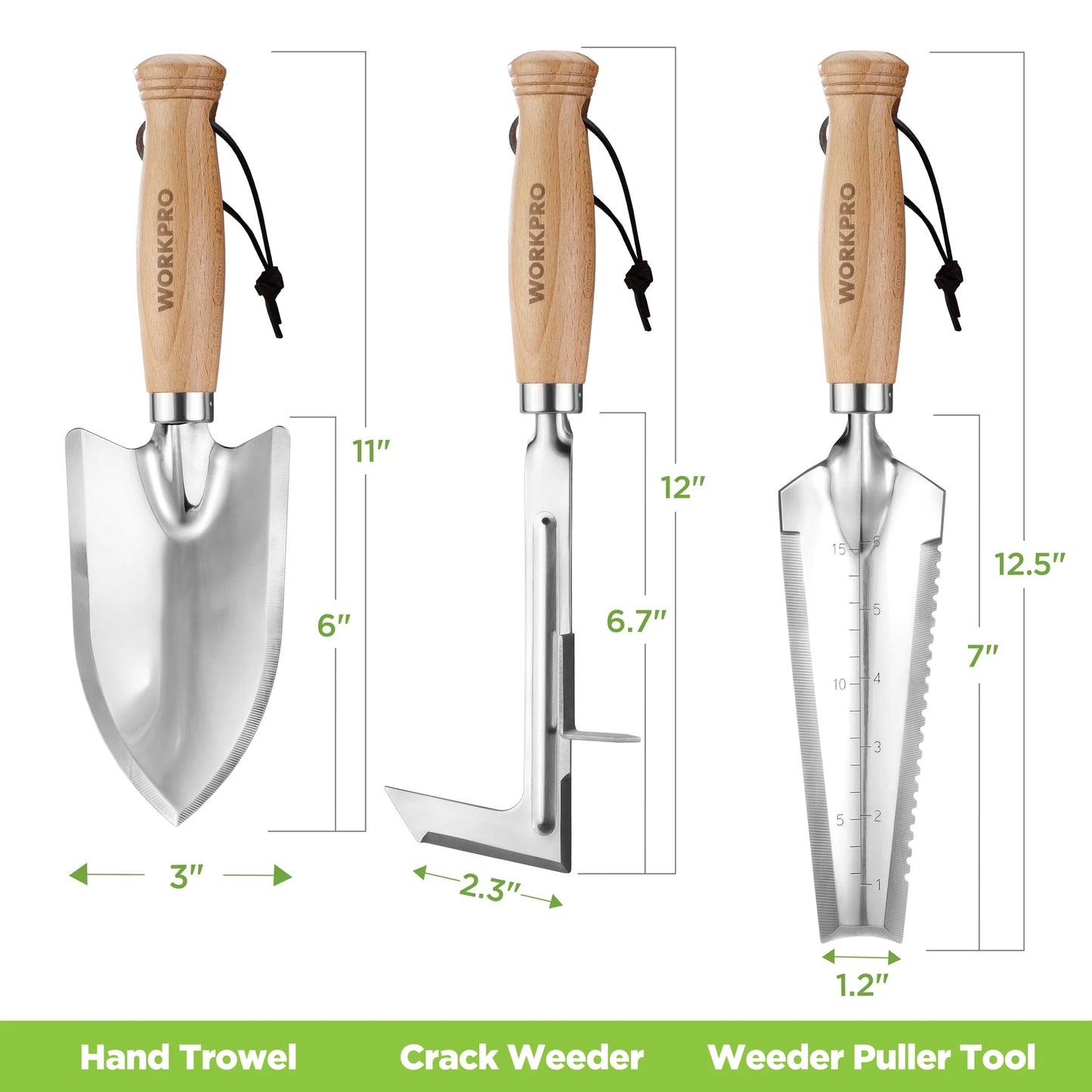 WORKPRO Garden Tool Set 3 With Wood Handles Weed Puller Crack Weeder Trowel